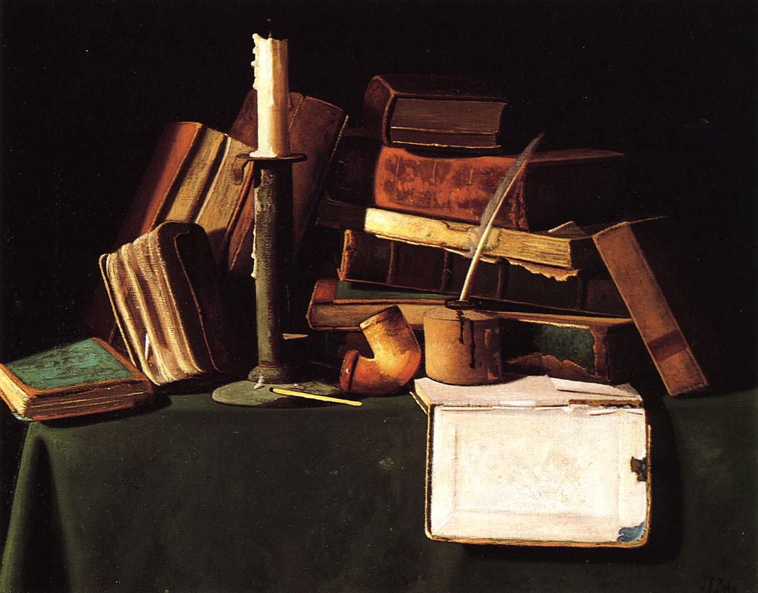 Still Life with Candle, Pipe and Books, vintage artwork by John Frederick Peto, 12x8" (A4) Poster