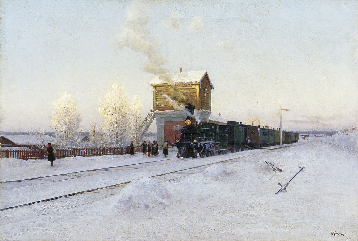 Winter Morning on the Urals Railroad, vintage artwork by Vladimir Kazantsev, 12x8" (A4) Poster