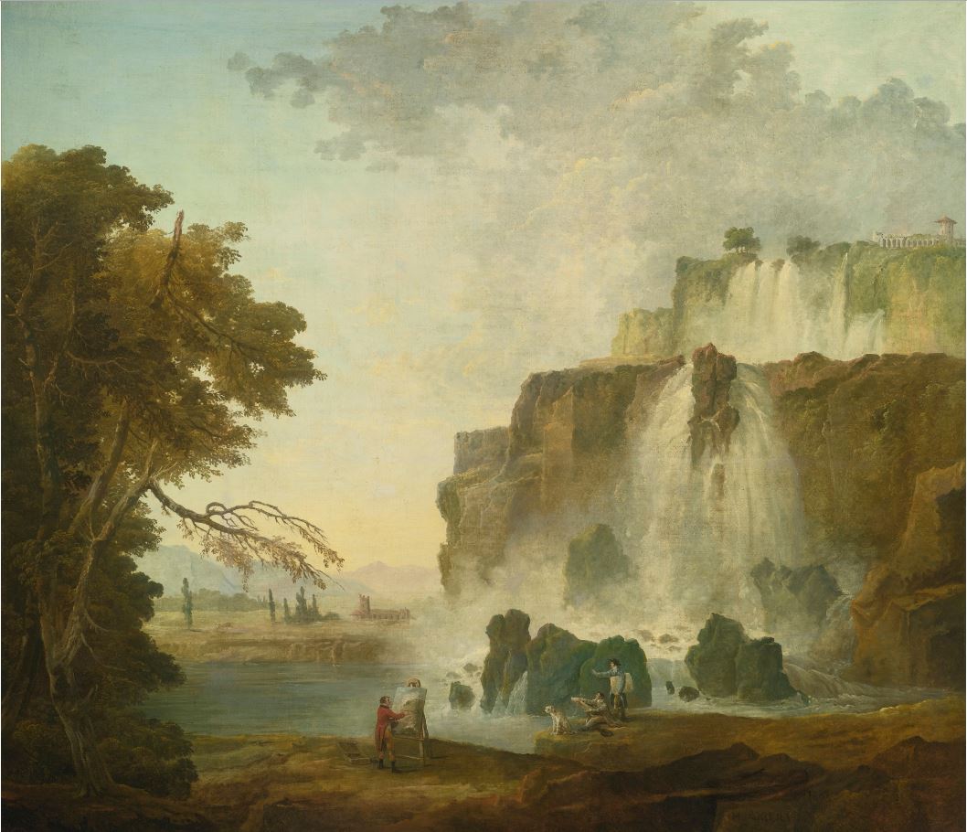 Landscape with Painters near a Waterfall, vintage artwork by Hubert Robert, 12x8" (A4) Poster