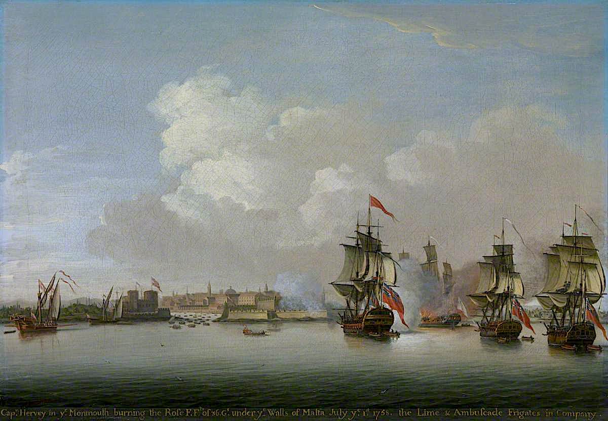 HMS 'Monmouth' Burning the French Frigate 'Rose', 1 July 1758, vintage artwork by Dominic Serres, 12x8" (A4) Poster