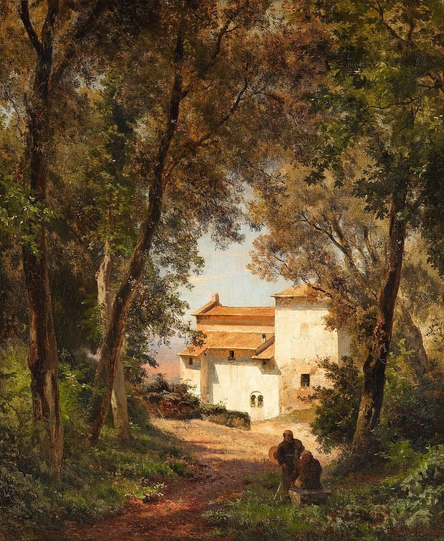 Italian Landscape with two Monks and Roman Architecture, vintage artwork by Oswald Achenbach, 12x8" (A4) Poster
