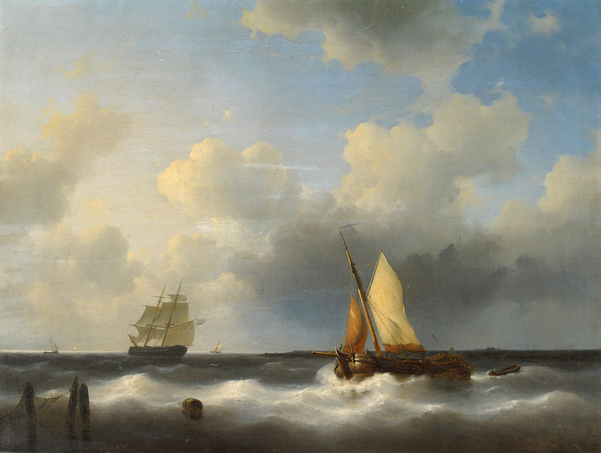Frigate and fishing boat off the coast, vintage artwork by Abraham Hulk, A3 (16x12") Poster Print