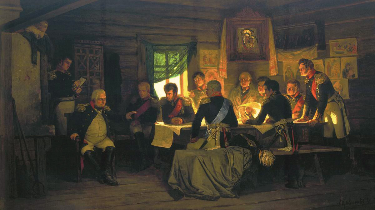 Military Council in Fili in 1812, vintage artwork by Aleksei Danilovich Kivshenko, 12x8" (A4) Poster