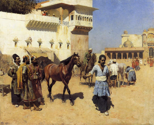 Horse Market, Persian Stables, Bombay, vintage artwork by Edwin Lord Weeks, 12x8" (A4) Poster
