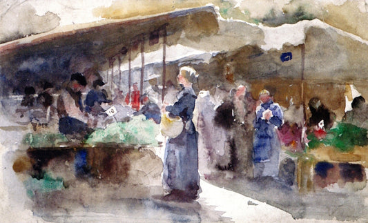 Marketplace, Moret-sur-Loing, vintage artwork by Laura Muntz Lyall, 12x8" (A4) Poster