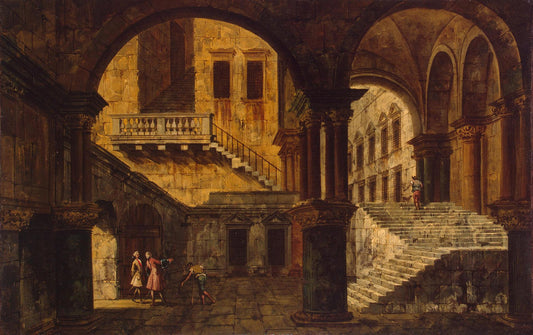 Courtyard with a Staircase, vintage artwork by Michele Giovanni Marieschi, 12x8" (A4) Poster