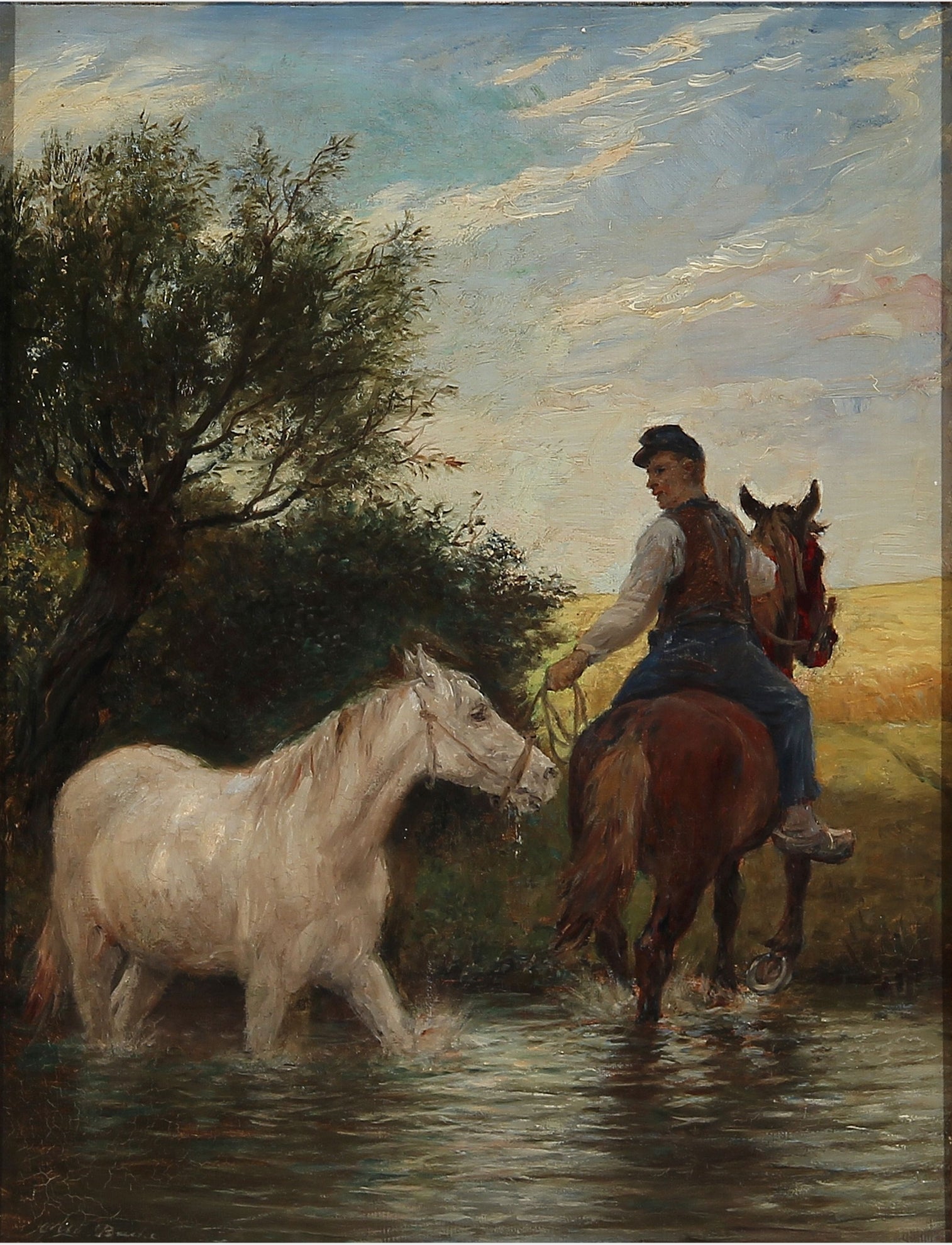 Horse drawn through a stream, vintage artwork by Otto Bache, 12x8" (A4) Poster