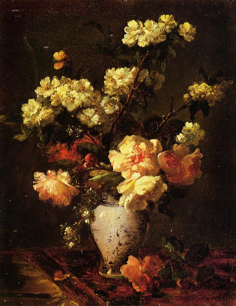 Peonies and Apple Blossoms in a Chinese Vase, vintage artwork by Antoine Vollon, 12x8" (A4) Poster