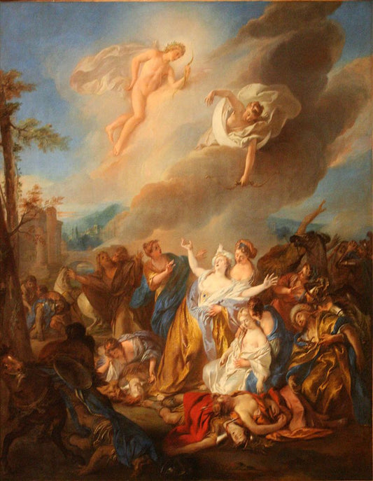 Apollo and Diane piercing with their arrows the children of Niobe, vintage artwork by Jean-François de Troy, 12x8" (A4) Poster