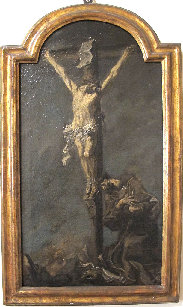 Crucifixion with Saint Francis of Assisi, vintage artwork by Alessandro Magnasco, 12x8" (A4) Poster