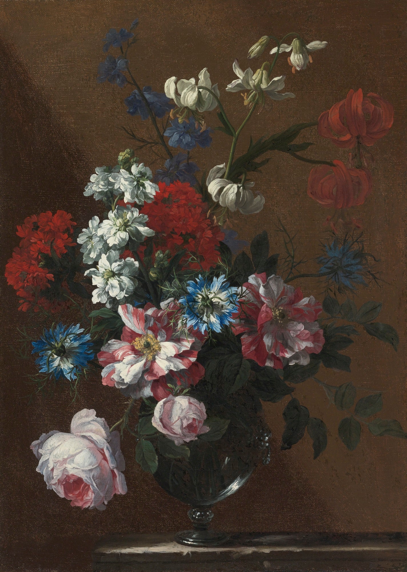 Bouquet of Flowers in Glass Vase on a Marble Ledge, vintage artwork by Jean-Baptiste Monnoyer, 12x8" (A4) Poster
