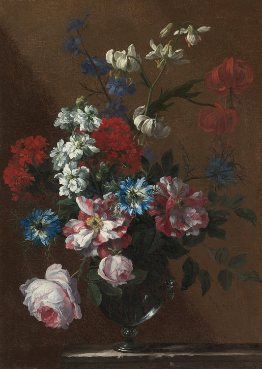 Bouquet of Flowers in Glass Vase on a Marble Ledge, vintage artwork by Jean-Baptiste Monnoyer, 12x8" (A4) Poster