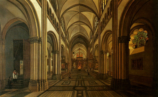 Interior of the Münsterbasilika St. Martin, Bonn, vintage artwork by Gerrit Adriaensz.Berckheyde, 12x8" (A4) Poster