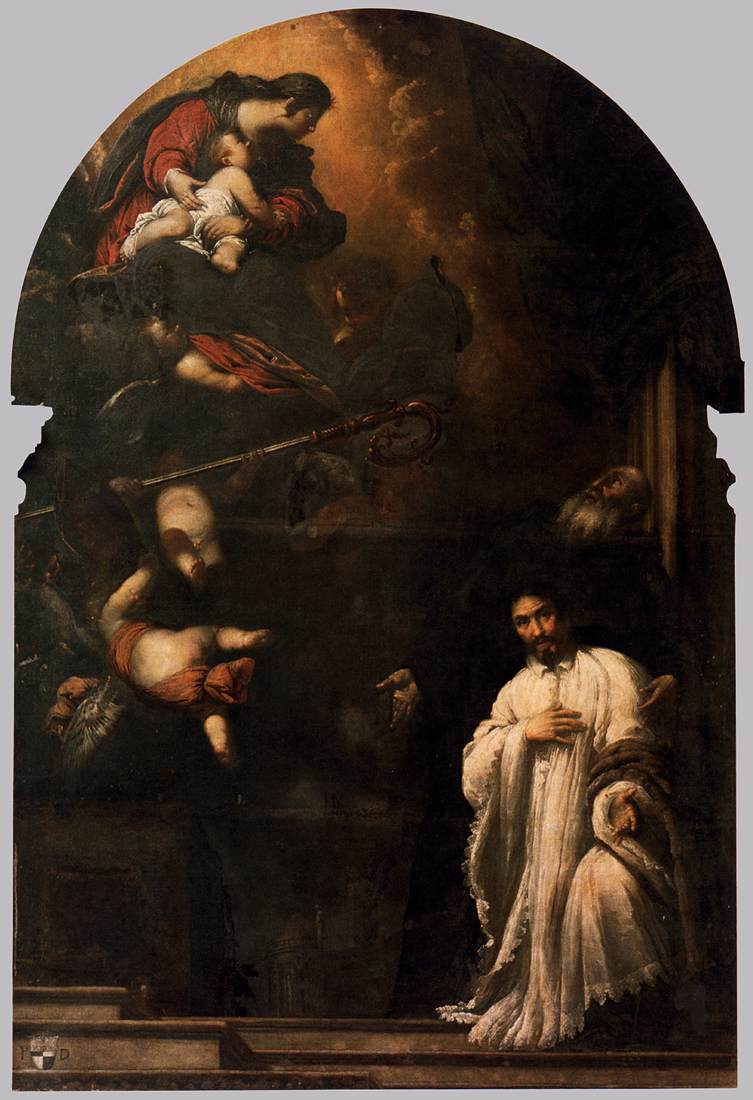 Saint Benedict Presents Pasqualino Daneli to the Virgin, vintage artwork by Sebastiano Mazzoni, 12x8" (A4) Poster