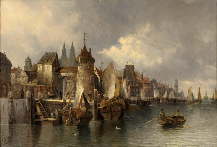 Medieval port city, vintage artwork by August von Siegen, 12x8