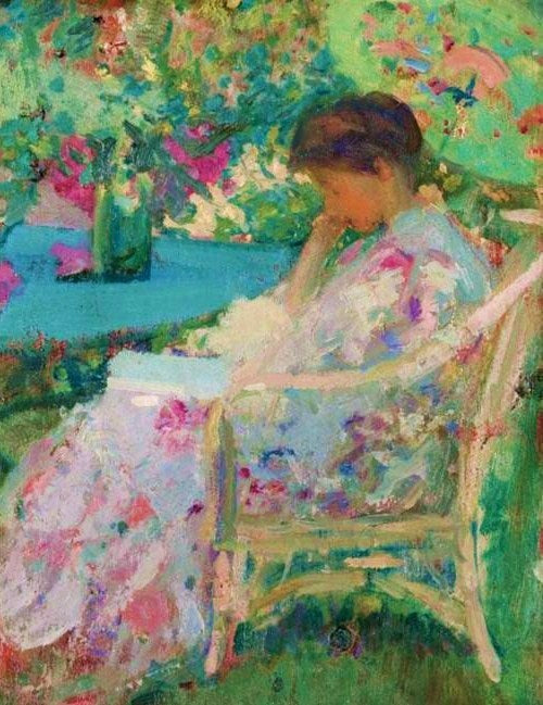 Reading in the Garden, vintage artwork by Richard Edward Miller, 12x8" (A4) Poster