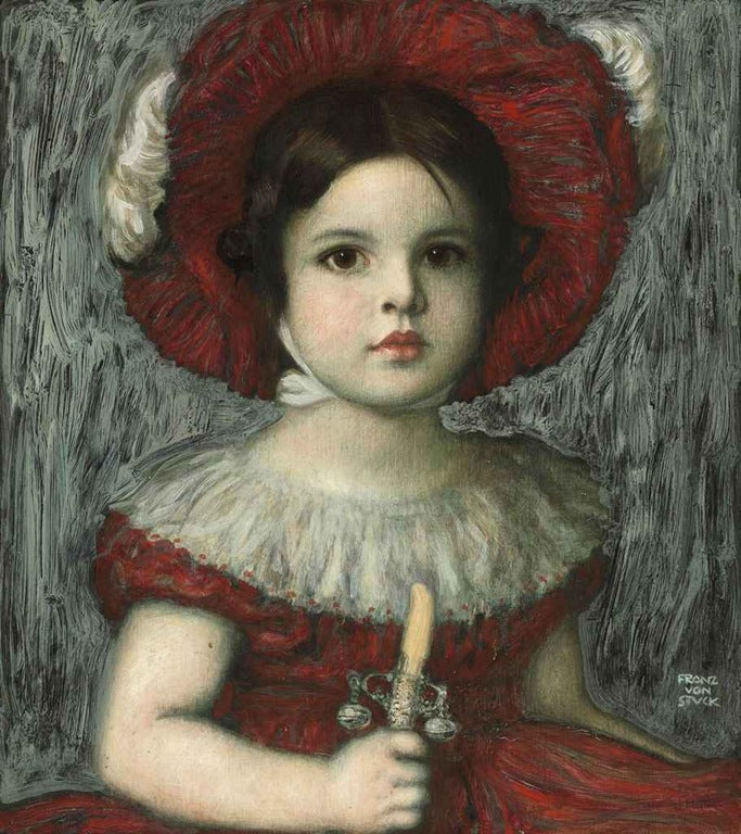 The artist's daughter Mary in a red hat, vintage artwork by Franz von Stuck, 12x8" (A4) Poster