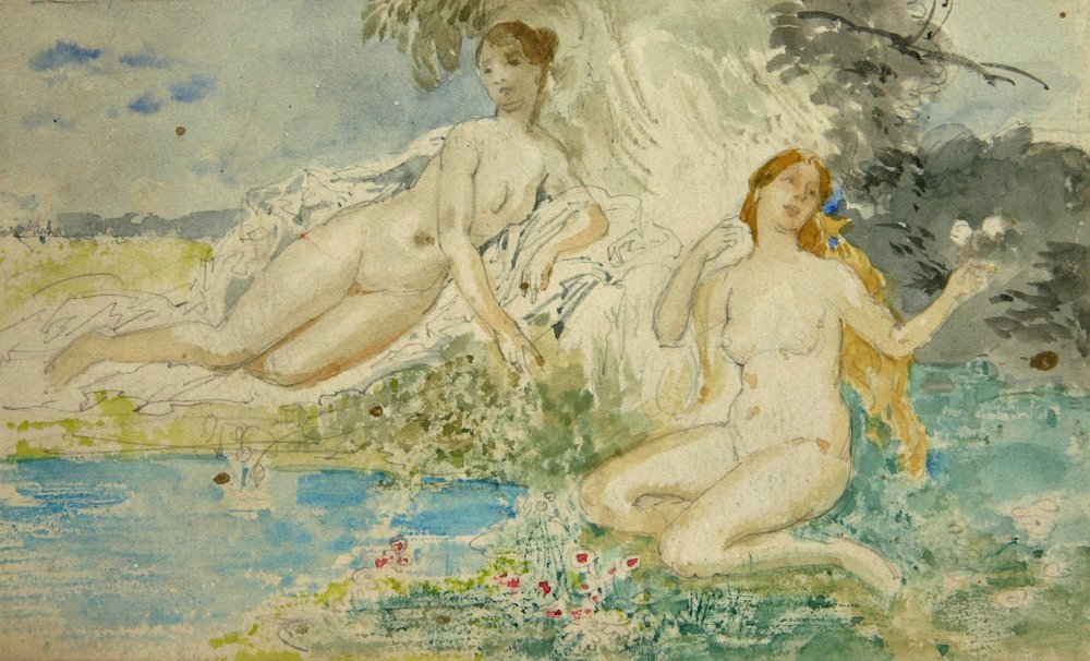 Two Nymphs by  the Water, vintage artwork by Eduard Veith, 12x8" (A4) Poster