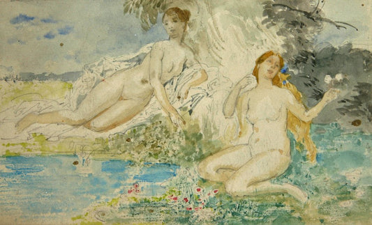 Two Nymphs by  the Water, vintage artwork by Eduard Veith, 12x8" (A4) Poster