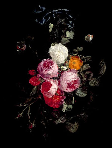 Garland of roses with blue silk bow, butterflies and insects, vintage artwork by Carstian Luyckx, 12x8" (A4) Poster
