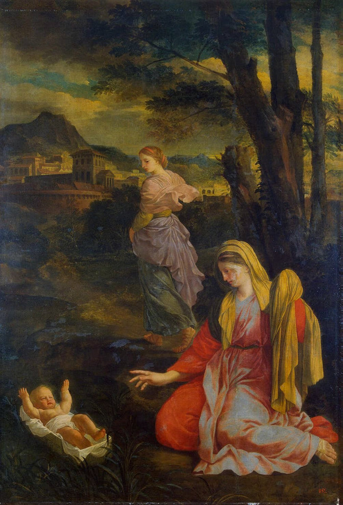 Landscape with Moses Saved from the Nile, vintage artwork by Eustache Le Sueur, 12x8