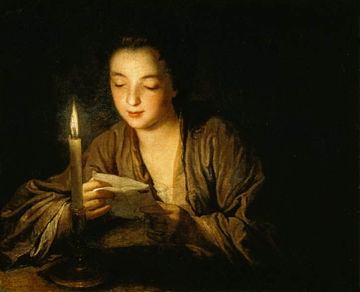 Girl reading a letter by  candlelight, vintage artwork by Jean-Baptiste Santerre, 12x8" (A4) Poster