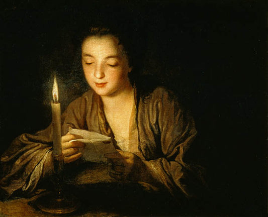 Girl reading a letter by  candlelight, vintage artwork by Jean-Baptiste Santerre, 12x8" (A4) Poster