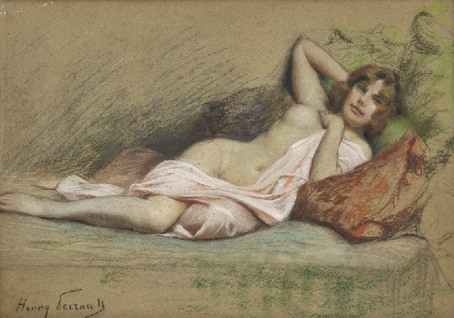 Jeune femme allongee, vintage artwork by Henri Paul Perrault, 12x8" (A4) Poster