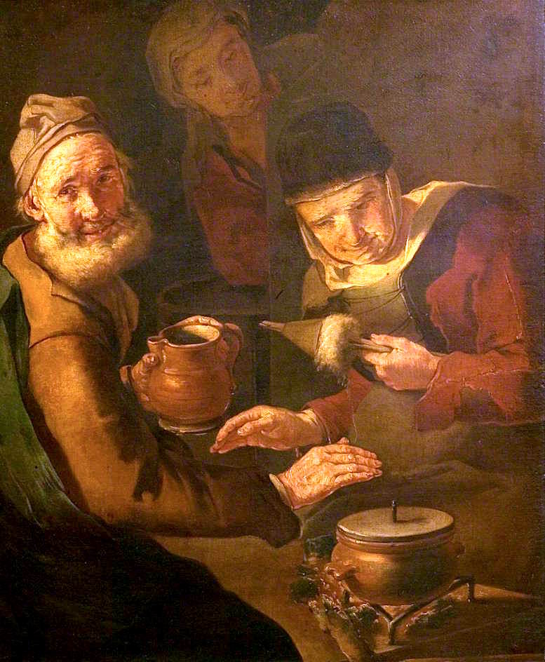 Peasants Warming Themselves, vintage artwork by Giacomo Cipper, 12x8" (A4) Poster
