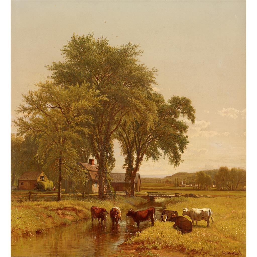 Cows Watering, vintage artwork by Aaron Draper Shattuck, 12x8" (A4) Poster