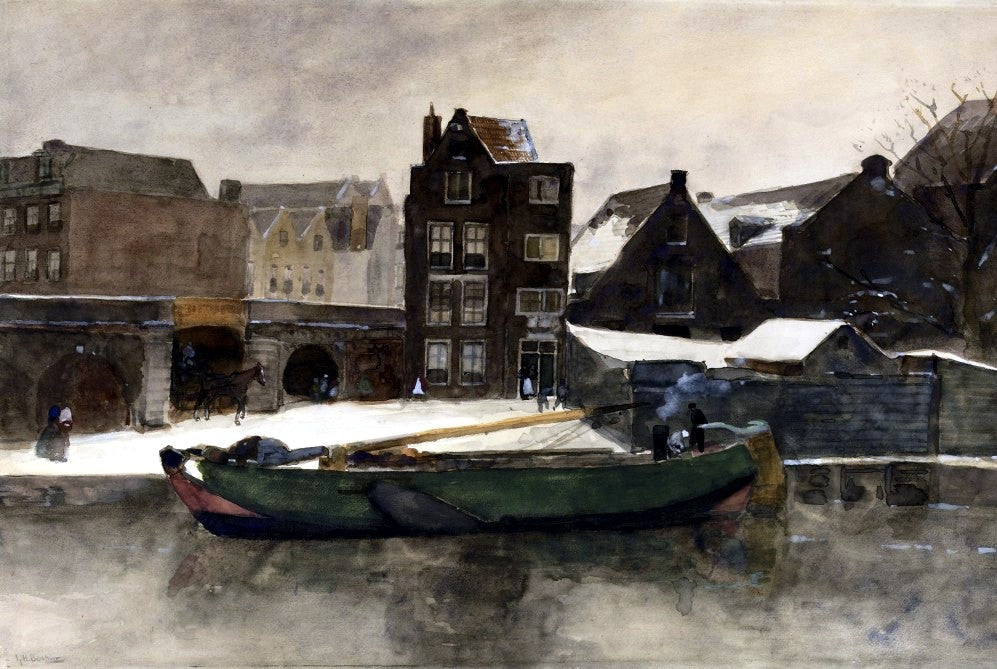Het Prinseneiland: the Teertuinen in winter, Amsterdam, vintage artwork by George Hendrik Breitner, 12x8" (A4) Poster