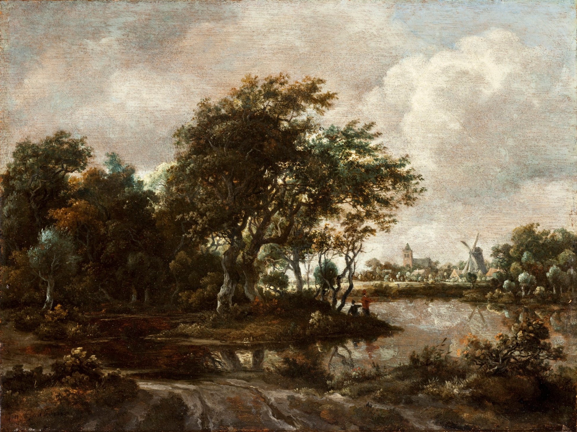 Landscape with Anglers and a Distant Town, vintage artwork by Meindert Hobbema, 12x8" (A4) Poster
