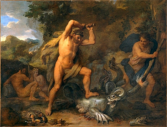 Louis XIV in the Guise of Hercules Slaying the Lernaean Hydra, vintage artwork by Rene-Antoine Houasse, 12x8" (A4) Poster