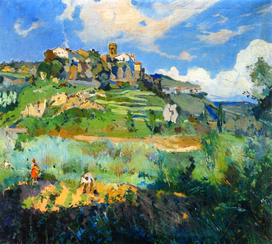 El Pueblo, San Quirce de Valles, vintage artwork by Joaquin Mir  Trinxet, 12x8" (A4) Poster