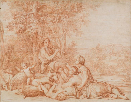 Pastorale Scene with Two Nymphs Listening a Shepherd Playing the Flute, vintage artwork by Marcantonio Franceschini, 12x8" (A4) Poster