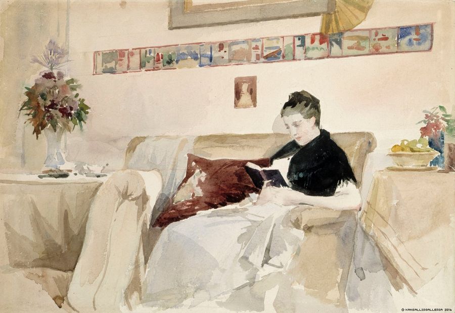 Artist’s Wife Reading on the Sofa, vintage artwork by Albert Edelfelt, 12x8" (A4) Poster