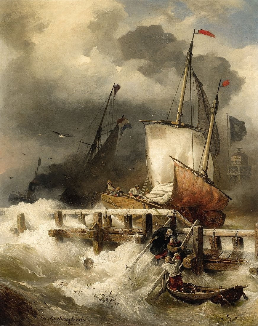 Arrival at the Mole by  Stormy Sea, vintage artwork by Andreas Achenbach, A3 (16x12") Poster Print