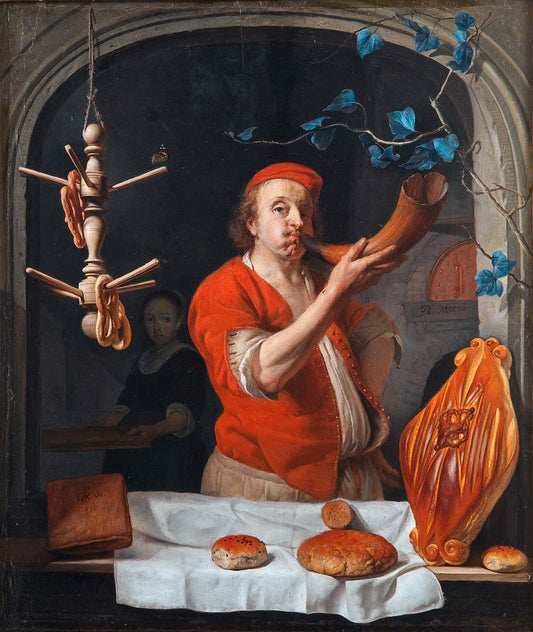 A Baker Blowing his Horn, vintage artwork by Gabriël Metsu, 12x8" (A4) Poster