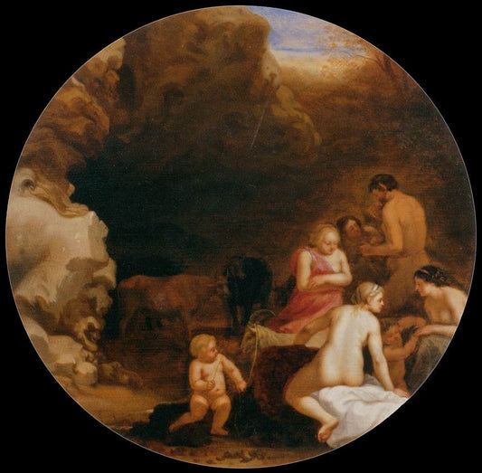Nymphs and Satyrs at the Entrance to a Grotto, vintage artwork by Cornelis van Poelenburgh, 12x8" (A4) Poster