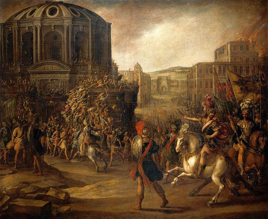 Battle Scene:  Siege of a City, vintage artwork by Juan de la Corte, 12x8" (A4) Poster
