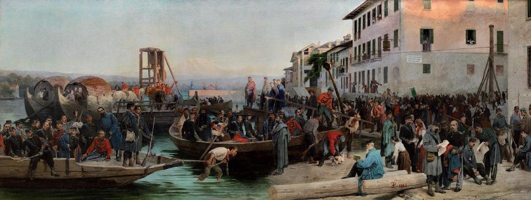The landing of Garibaldi and his Cacciatori delle Alpi in Sesto Calende on May 23, 1859, vintage artwork by Eleuterio Pagliano, 12x8" (A4) Poster