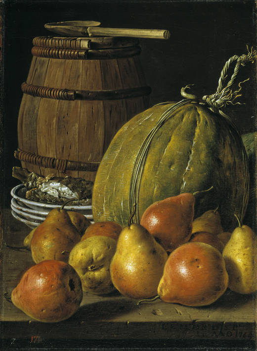 Still-life with Pears, Melon, Plates and Barrel, vintage artwork by Luis Melendez, 12x8" (A4) Poster