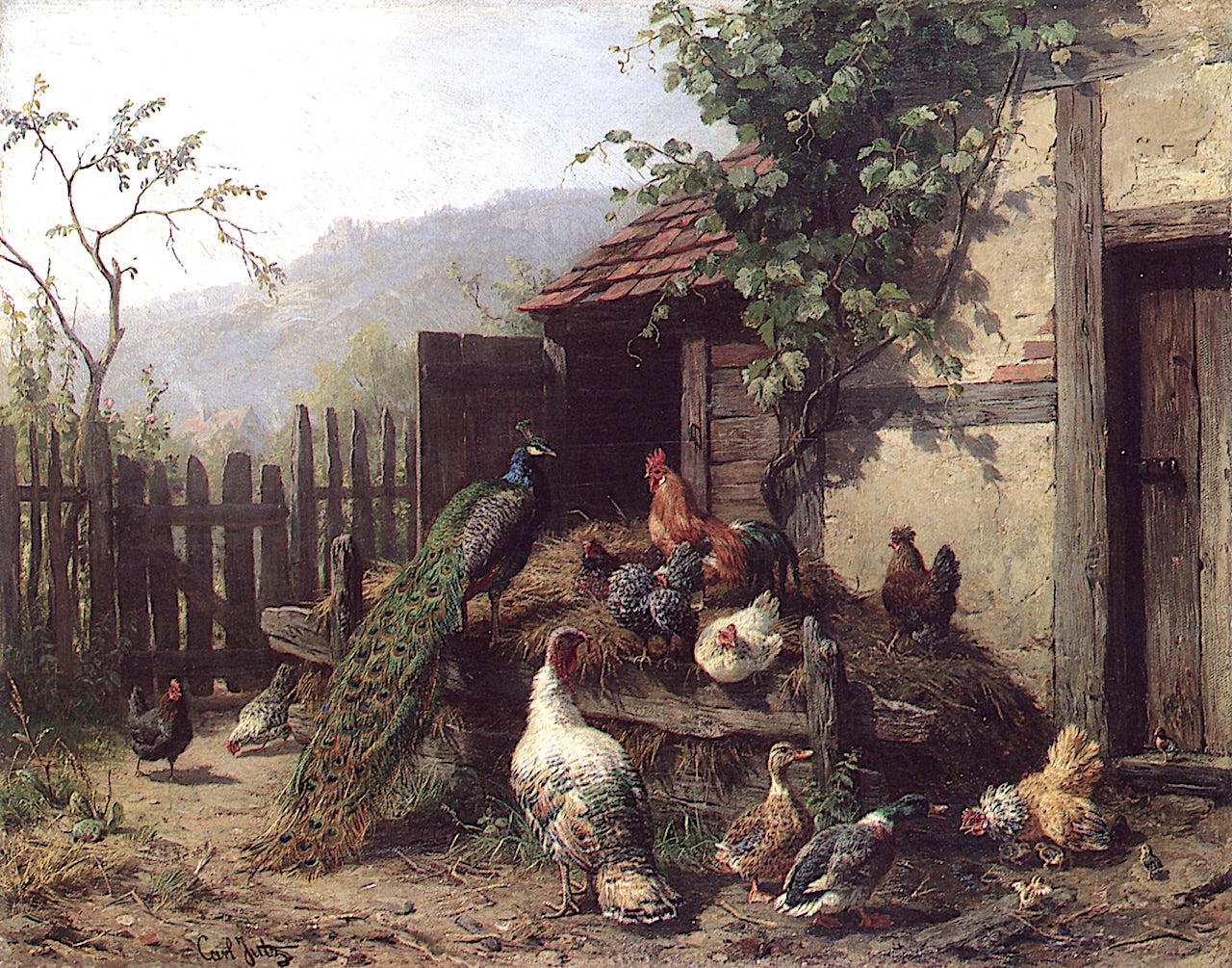 Behind the House, Peacock, Chickens and Ducks, vintage artwork by Carl Jutz, 12x8" (A4) Poster