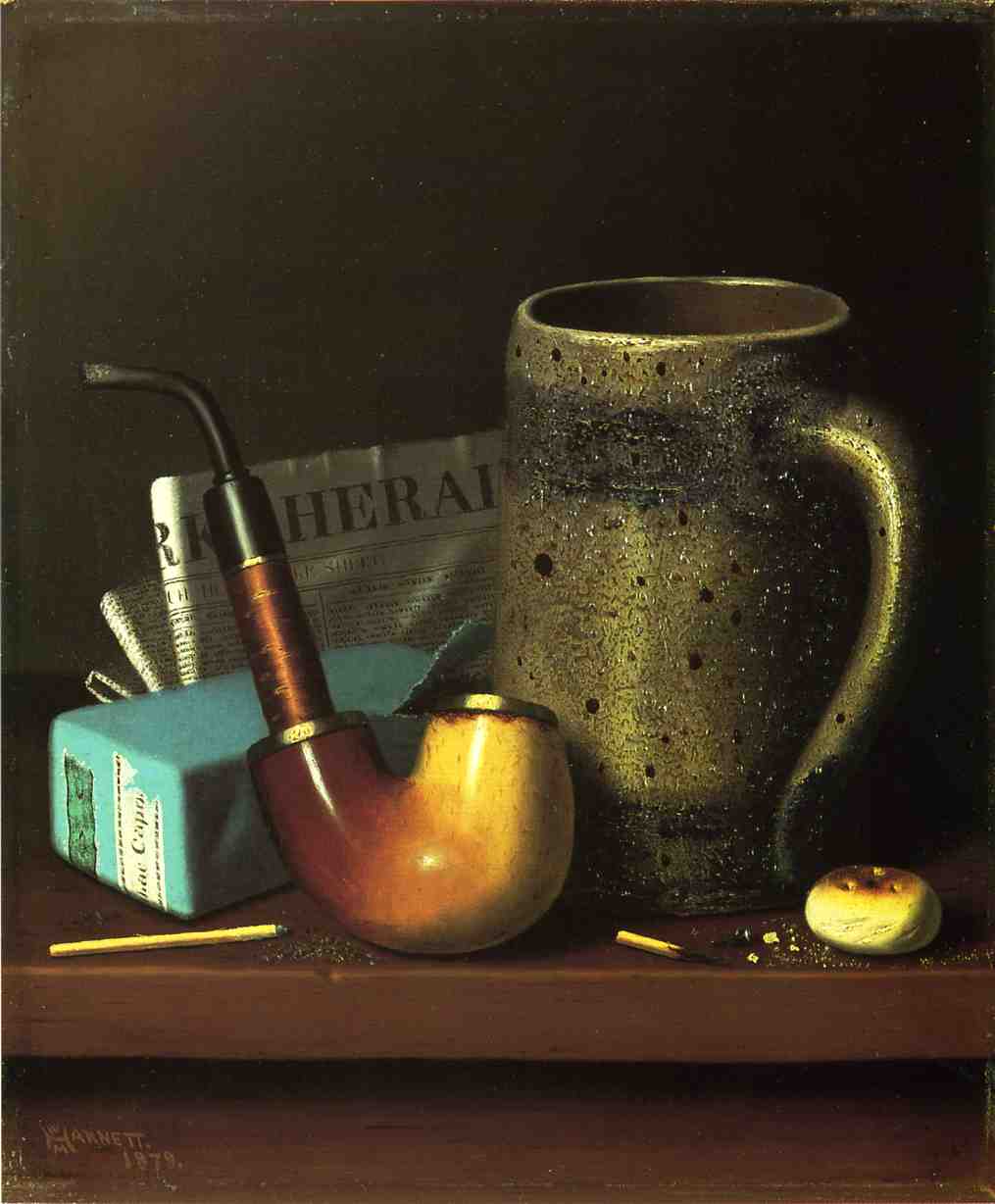 Still Life with Pipe, Mug and Newspaper, vintage artwork by William Michael Harnett, 12x8" (A4) Poster