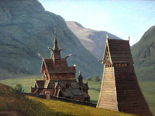 Stavkirken Borgund, vintage artwork by Martinus Rørby e, A3 (16x12") Poster Print