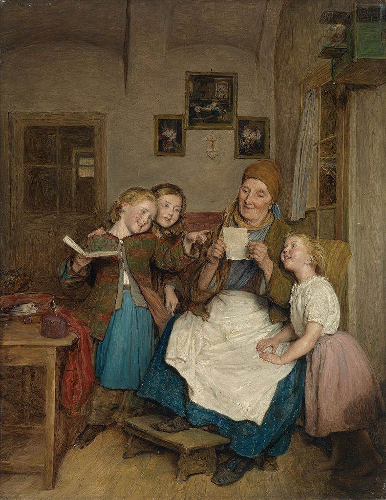 Grandmother with Three Grandchildren, vintage artwork by Ferdinand Georg Waldmüller, A3 (16x12") Poster Print