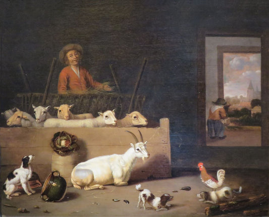 Peasant and Fold in Cattle Shed, vintage artwork by Hubert van Ravesteyn, 12x8" (A4) Poster