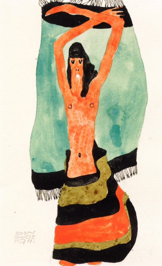Half Nude with Arms Raised, in a Striped Skirt and Green and Black Cape, vintage artwork by Egon Schiele, 12x8