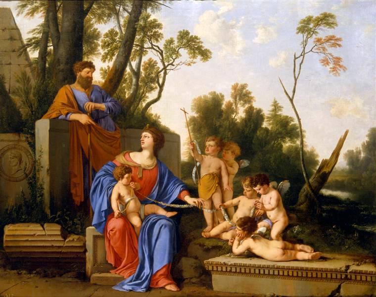 Holy Family with John the Baptist and Four Angels, vintage artwork by Laurent de La Hyre, 12x8" (A4) Poster