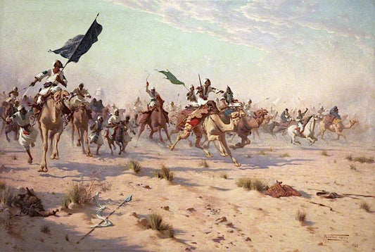 The Flight of the Khalifa after His Defeat at the Battle of Omdurman, 1898, vintage artwork by Robert George Talbot Kelly, 12x8" (A4) Poster